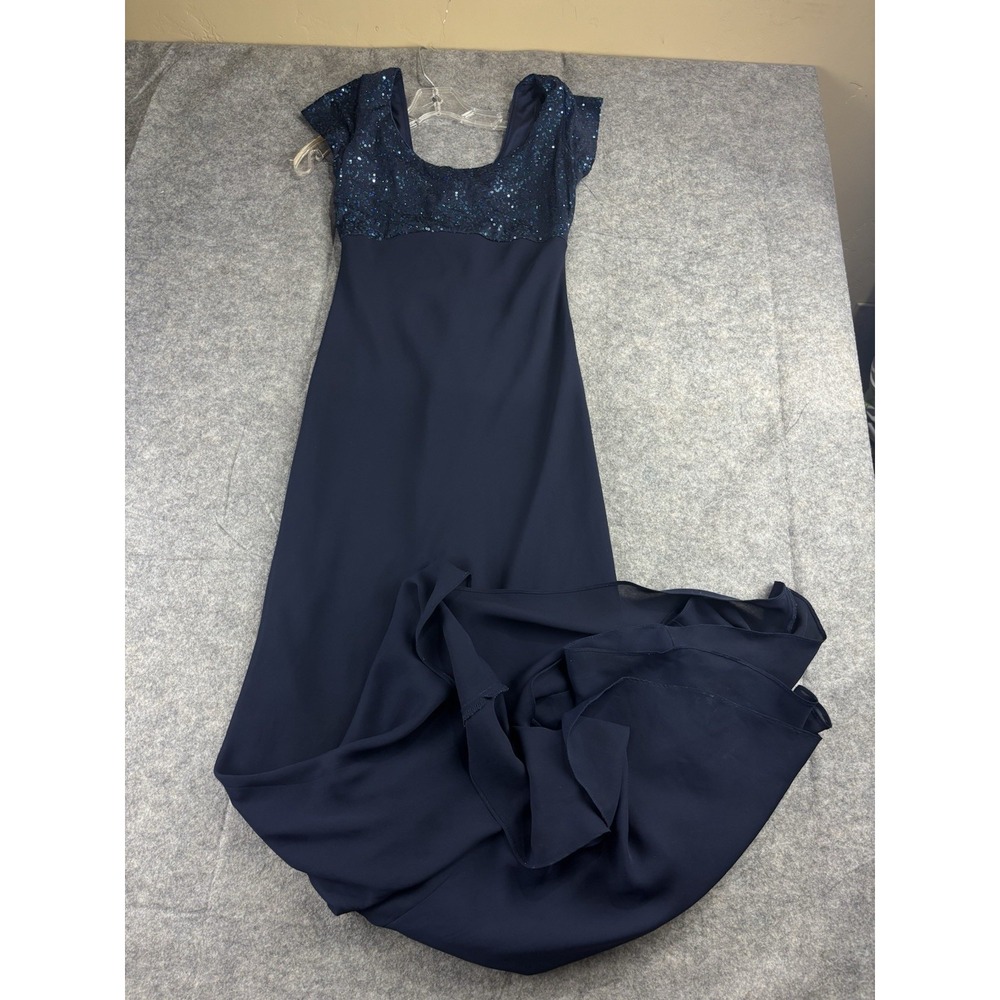 Women's 0 Embellished Sequined Blue Top Cap-Sleeve Maxi Dress Navy VTG Handmade